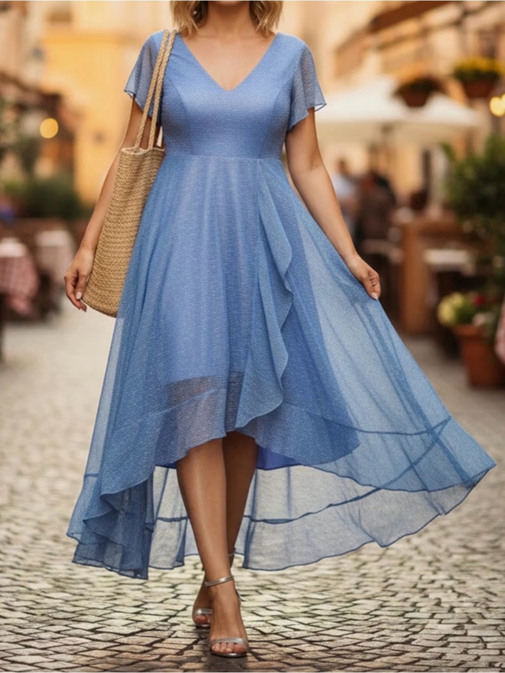 Summer Blue V-Neck High-Low Chiffon Dress